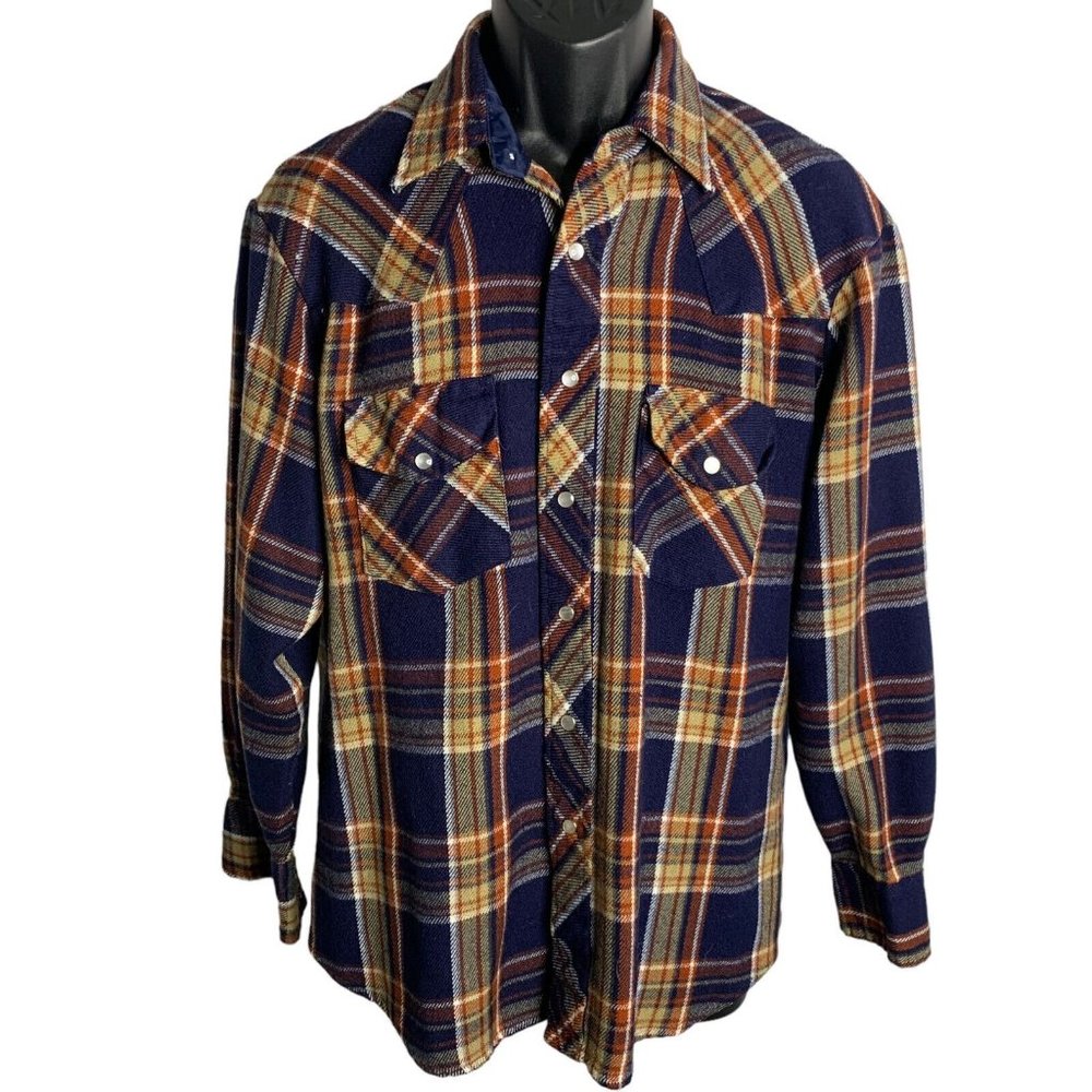 Vintage Pearl Snap Flannel Western Shirt L Blue Plaid Long Sleeves Pockets